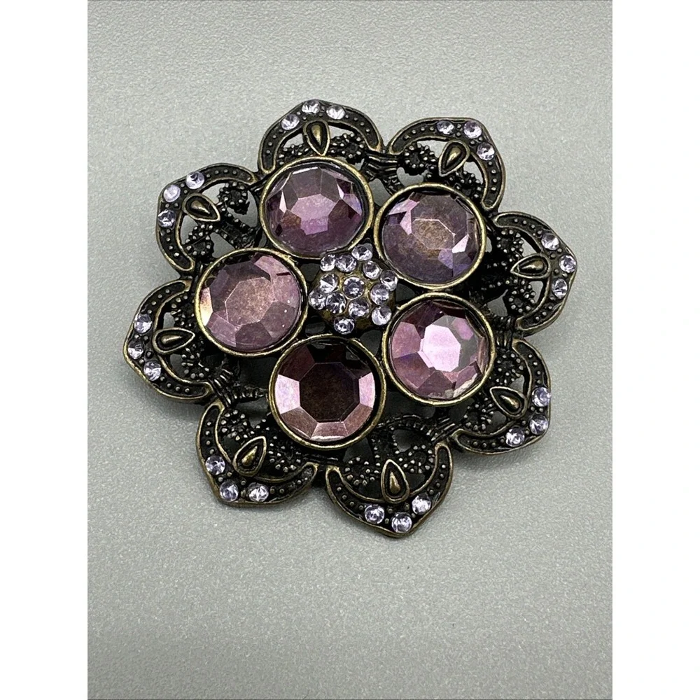 Vintage-Antique Bronze Purple Rhinestone Flower Brooch/pendant #876